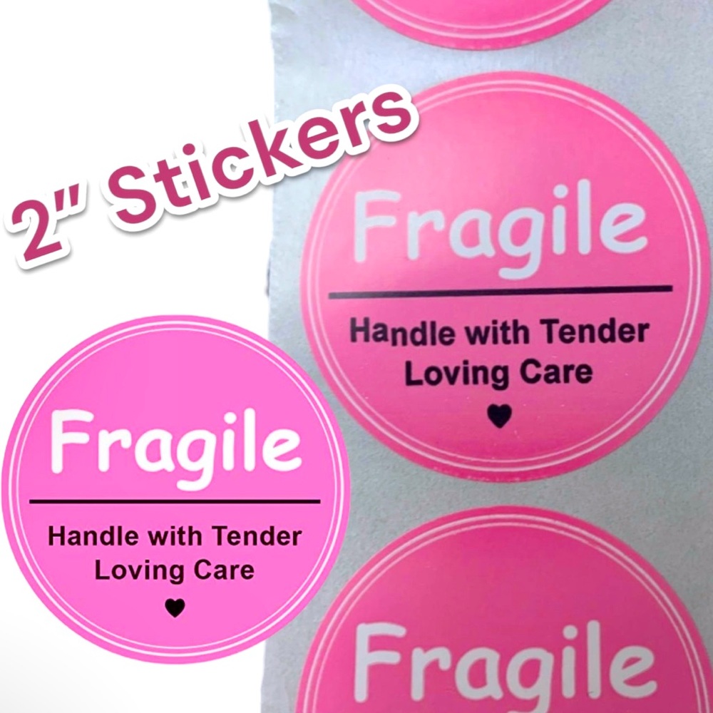 30 2” Pink Fragile Stickers Round Labels Handle with Love Care Shipping Supplies